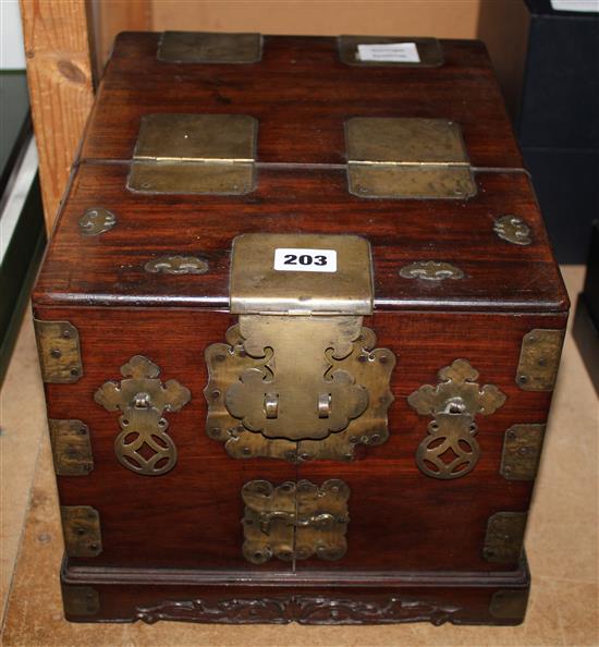 Chinese rosewood & brass jewellery box with bat emblems, 19th Century